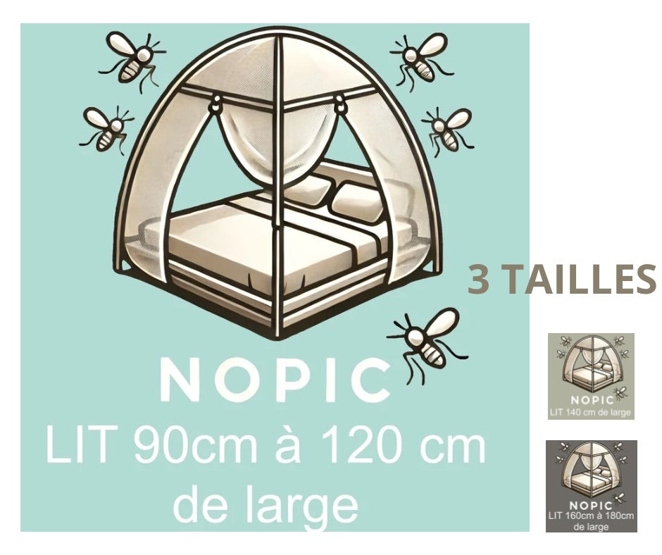 La moustiquaire de lit NOPIC se décline en trois tailles de lit : une personne, petit lit deux personnes et grand lit deux personnes