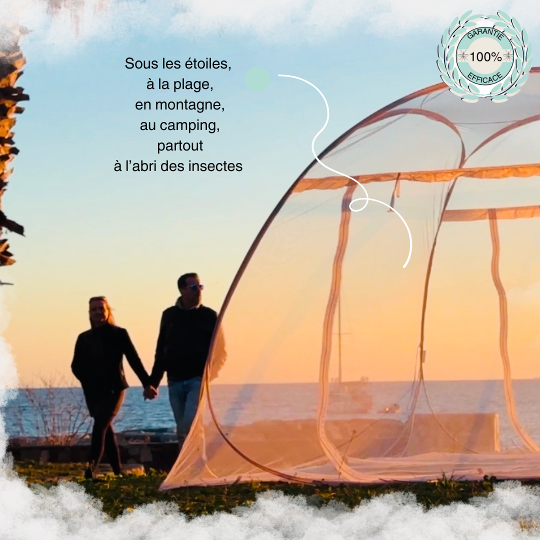 la moustiquaire nopic peut s'installer sur le lit, mais aussi être emportée en vacances, au camping, à la plage, pour une nuit à la belle étoile