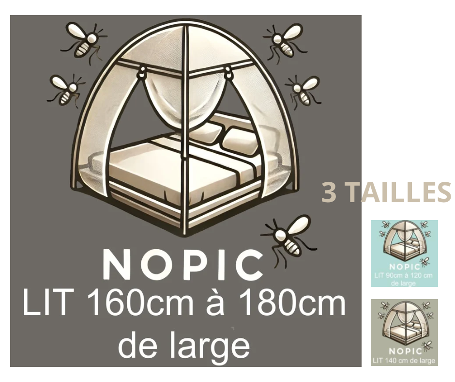 La moustiquaire de lit NOPIC se décline en trois tailles de lit : une personne, petit lit deux personnes et grand lit deux personnes