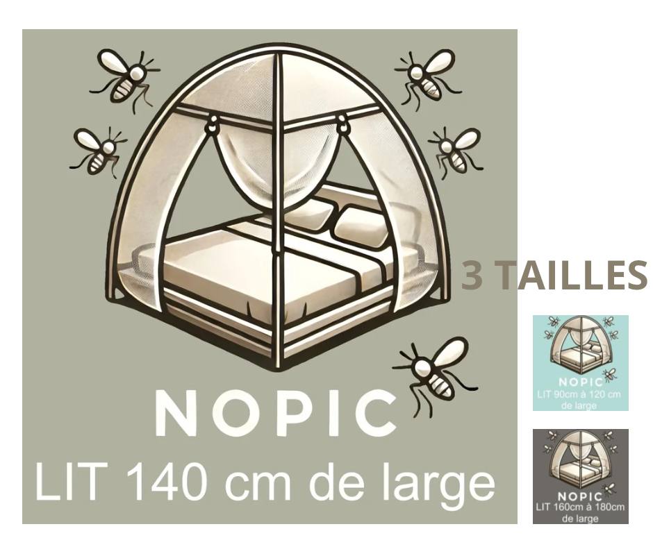La moustiquaire de lit NOPIC se décline en trois tailles de lit : une personne, petit lit deux personnes et grand lit deux personnes